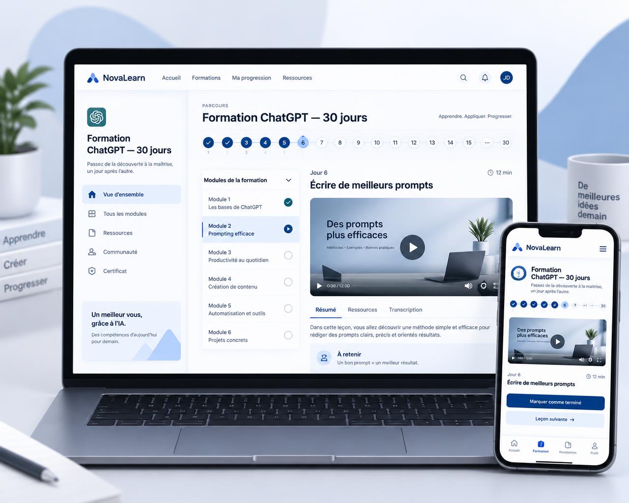 Parcours de formation ChatGPT en 30 jours affiché sur ordinateur et smartphone