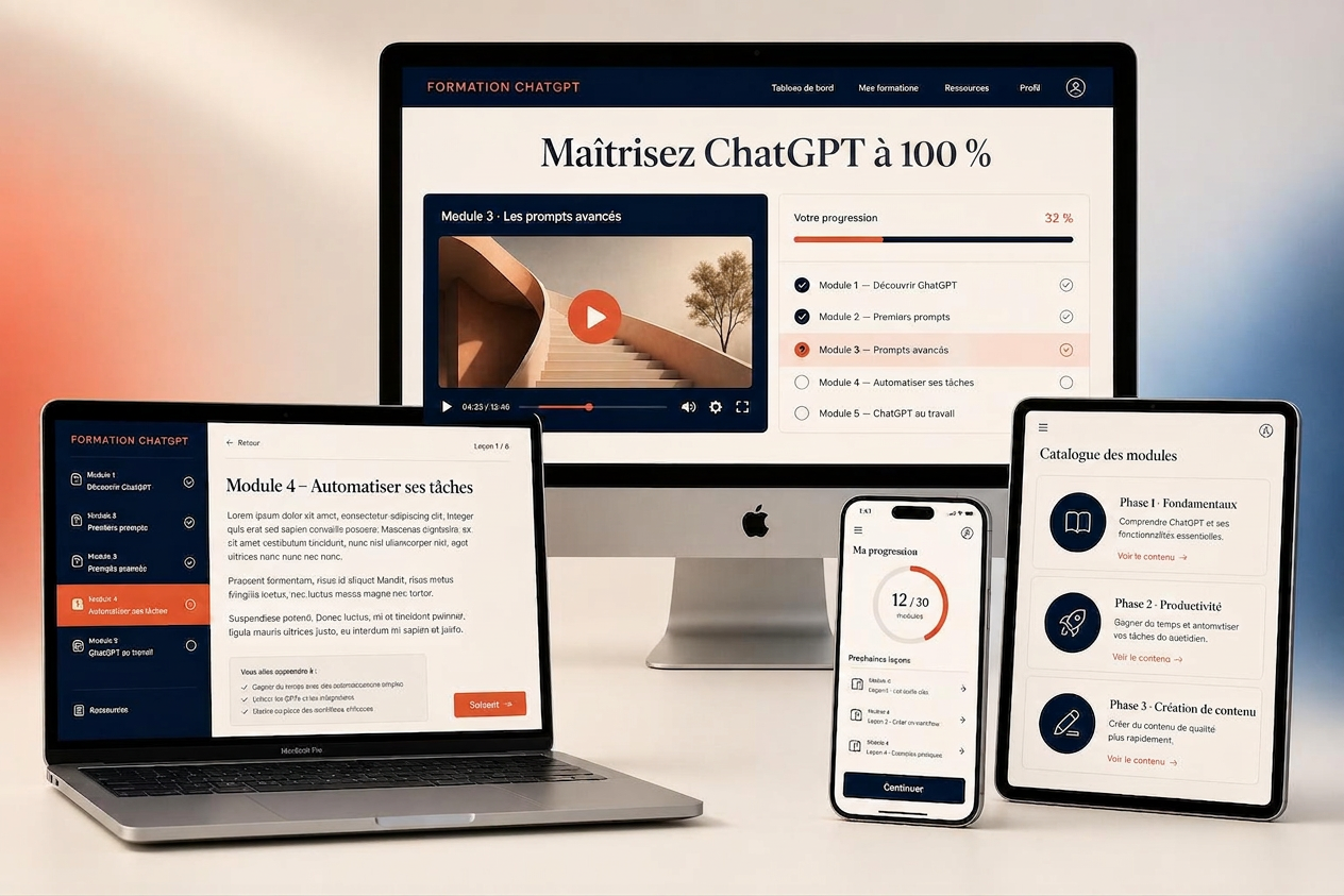 Formation ChatGPT affichée sur ordinateur, laptop et smartphone