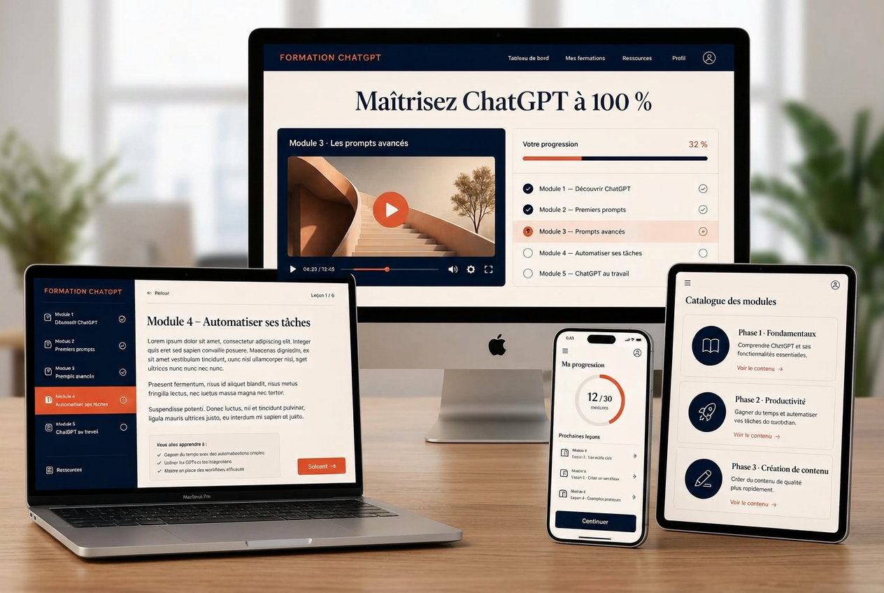 Formation ChatGPT affichée sur ordinateur, laptop et smartphone