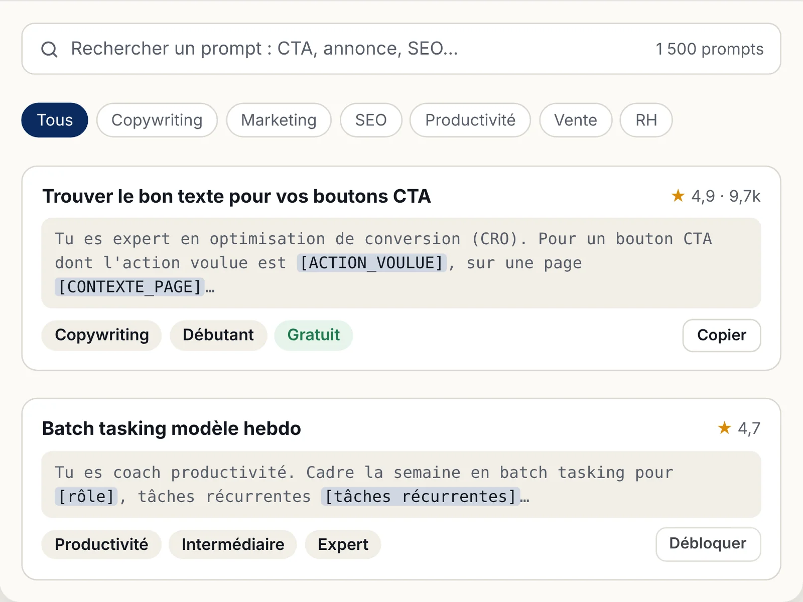Bibliothèque de 1 500 prompts ChatGPT classés par métier et par niveau
