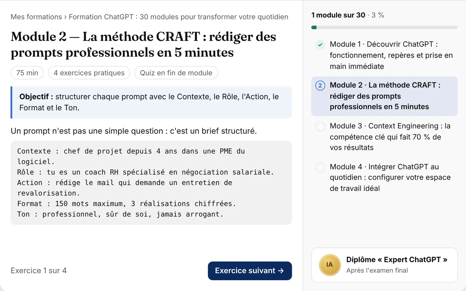 Formation ChatGPT en français : modules pratiques, progression, quiz et diplôme Expert ChatGPT