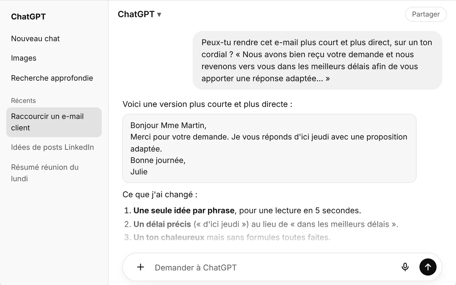 Interface de ChatGPT en français avec un exemple de prompt et la réponse générée